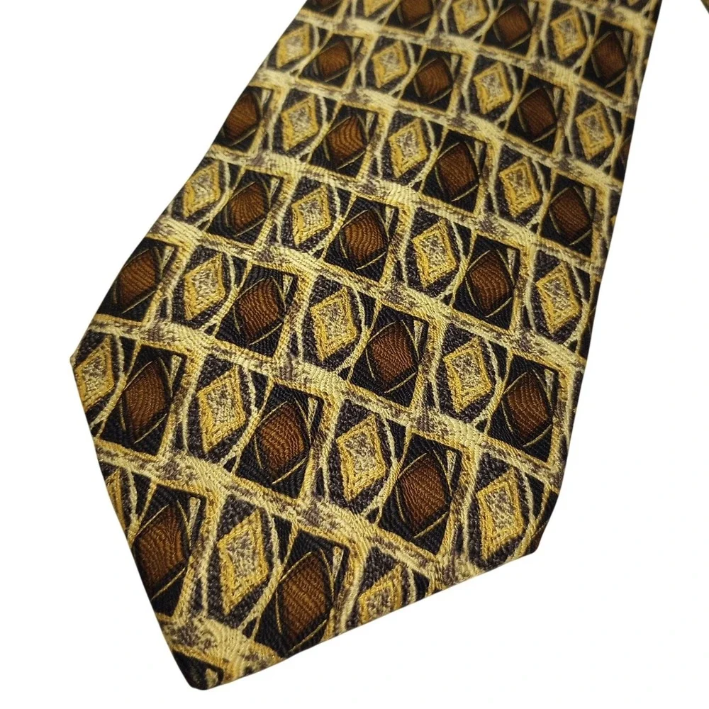 Martin Wong Collection Mens Gold‎ Brown Black Geometric Diamond Pattern Necktie